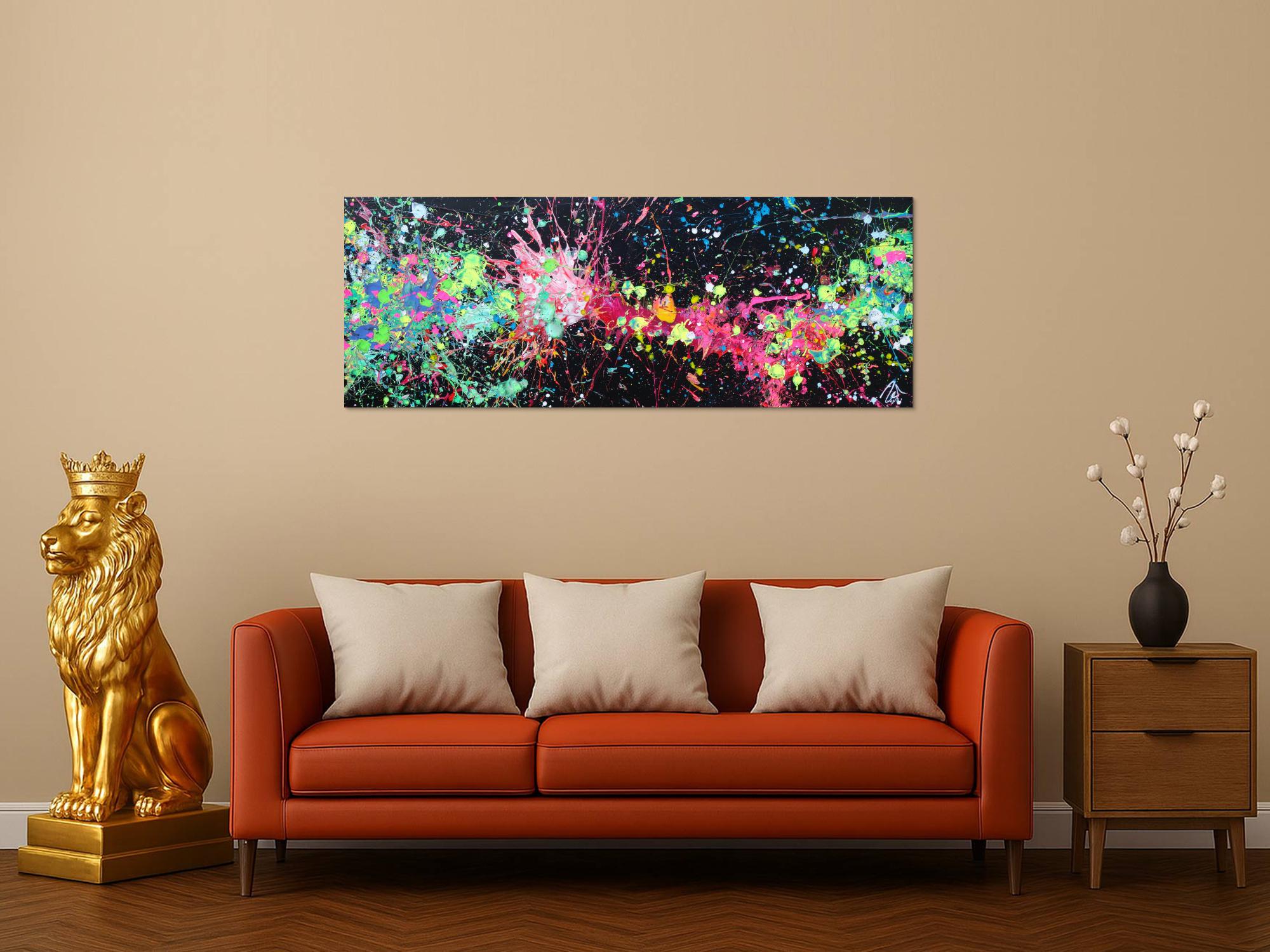 Acryl Gemälde abstrakt leuchtende Neon Farben auf schwarzem Hintergrund handgemalt