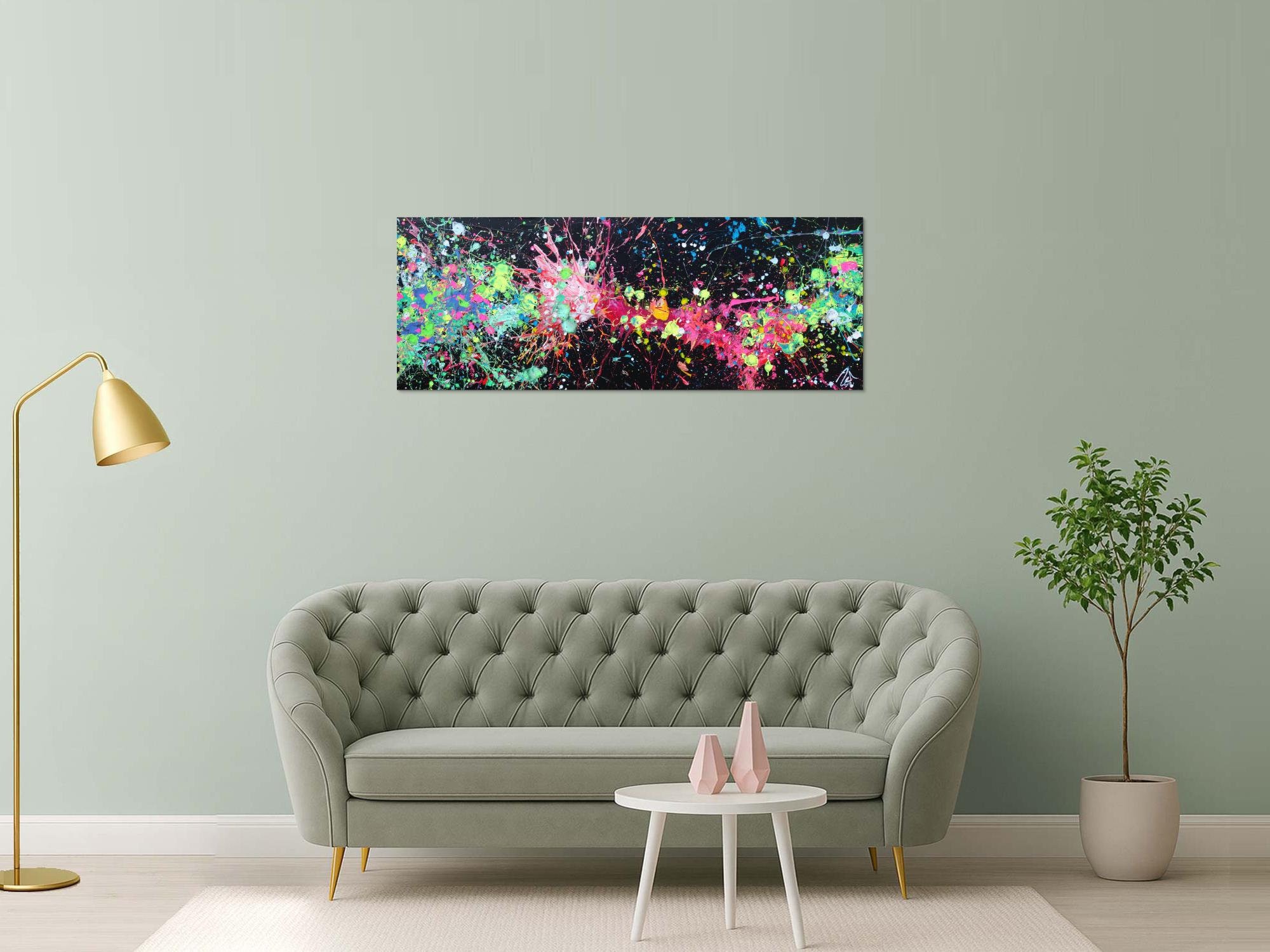 Acryl Gemälde abstrakt leuchtende Neon Farben auf schwarzem Hintergrund handgemalt