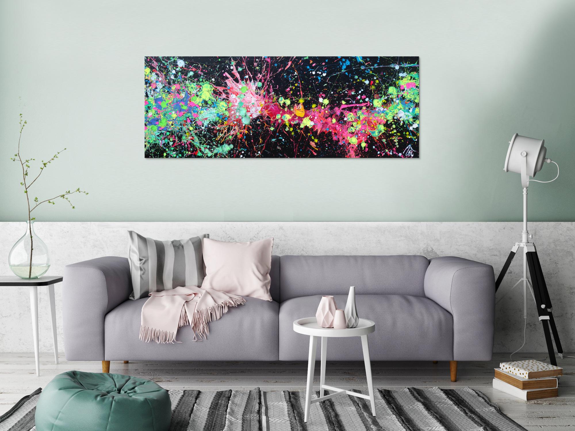 Acryl Gemälde abstrakt leuchtende Neon Farben auf schwarzem Hintergrund handgemalt