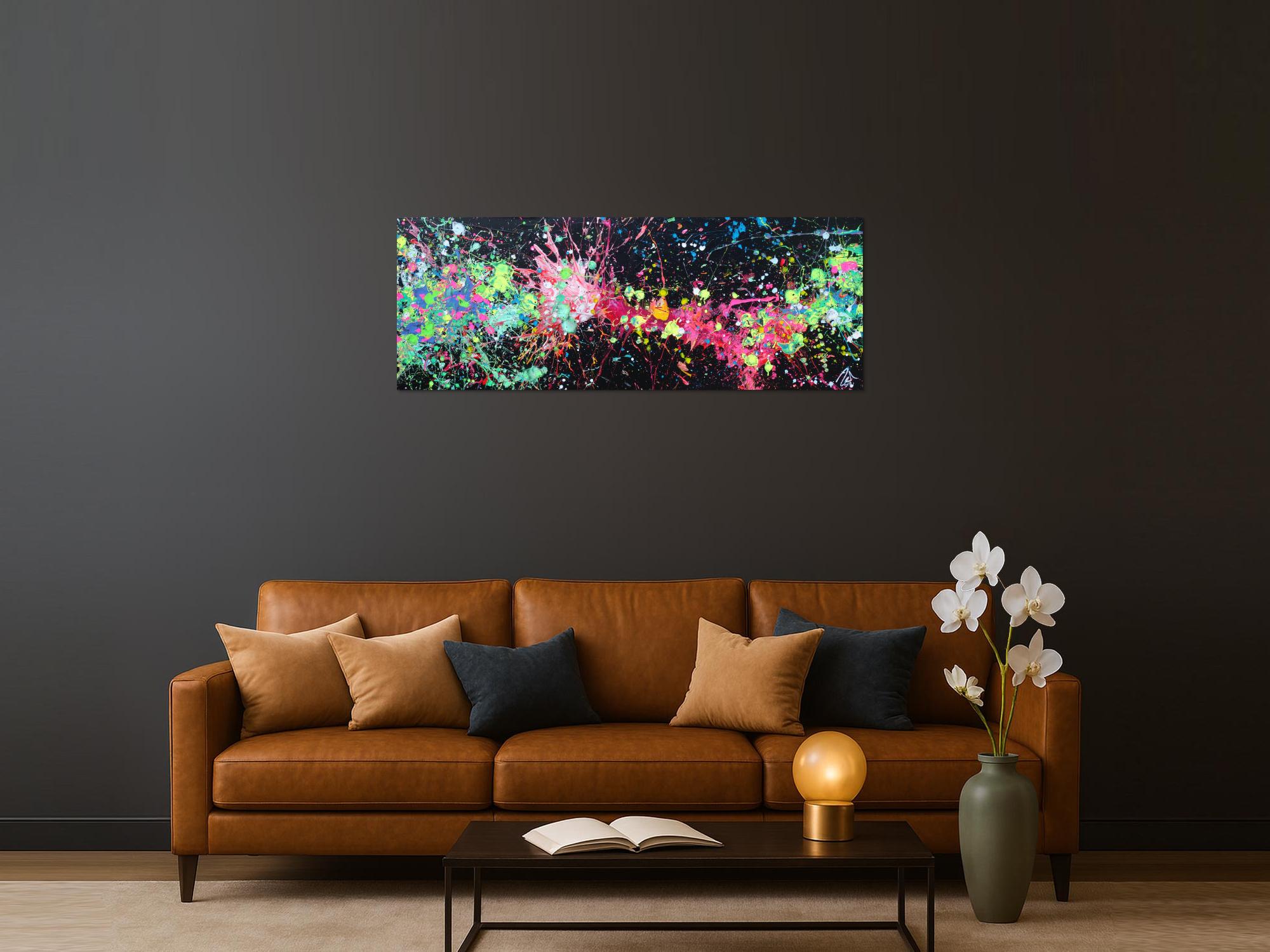 Acryl Gemälde abstrakt leuchtende Neon Farben auf schwarzem Hintergrund handgemalt