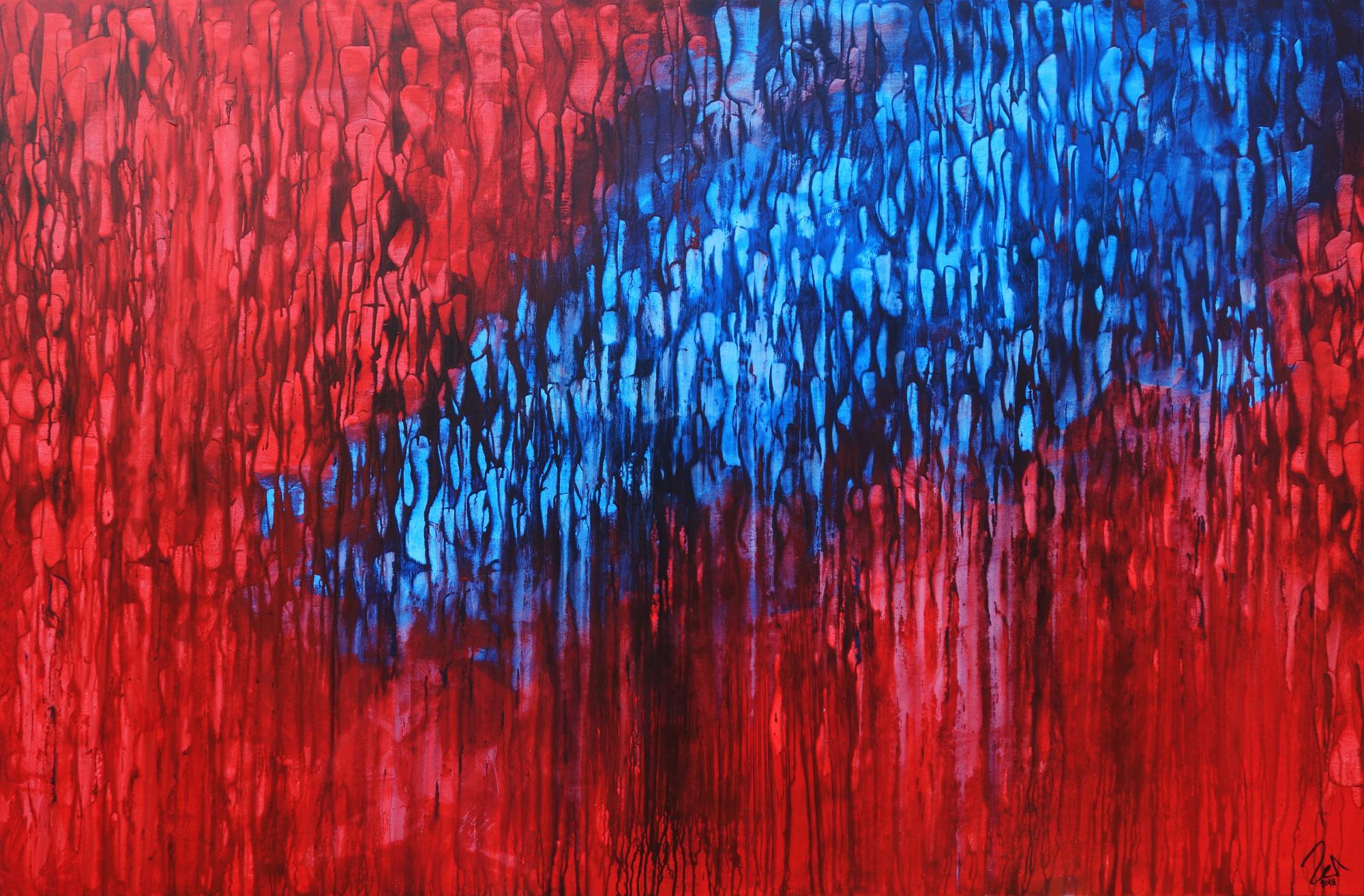 Acryl Bild abstrakt modern in rot blau zeitgenössisch handgemalt