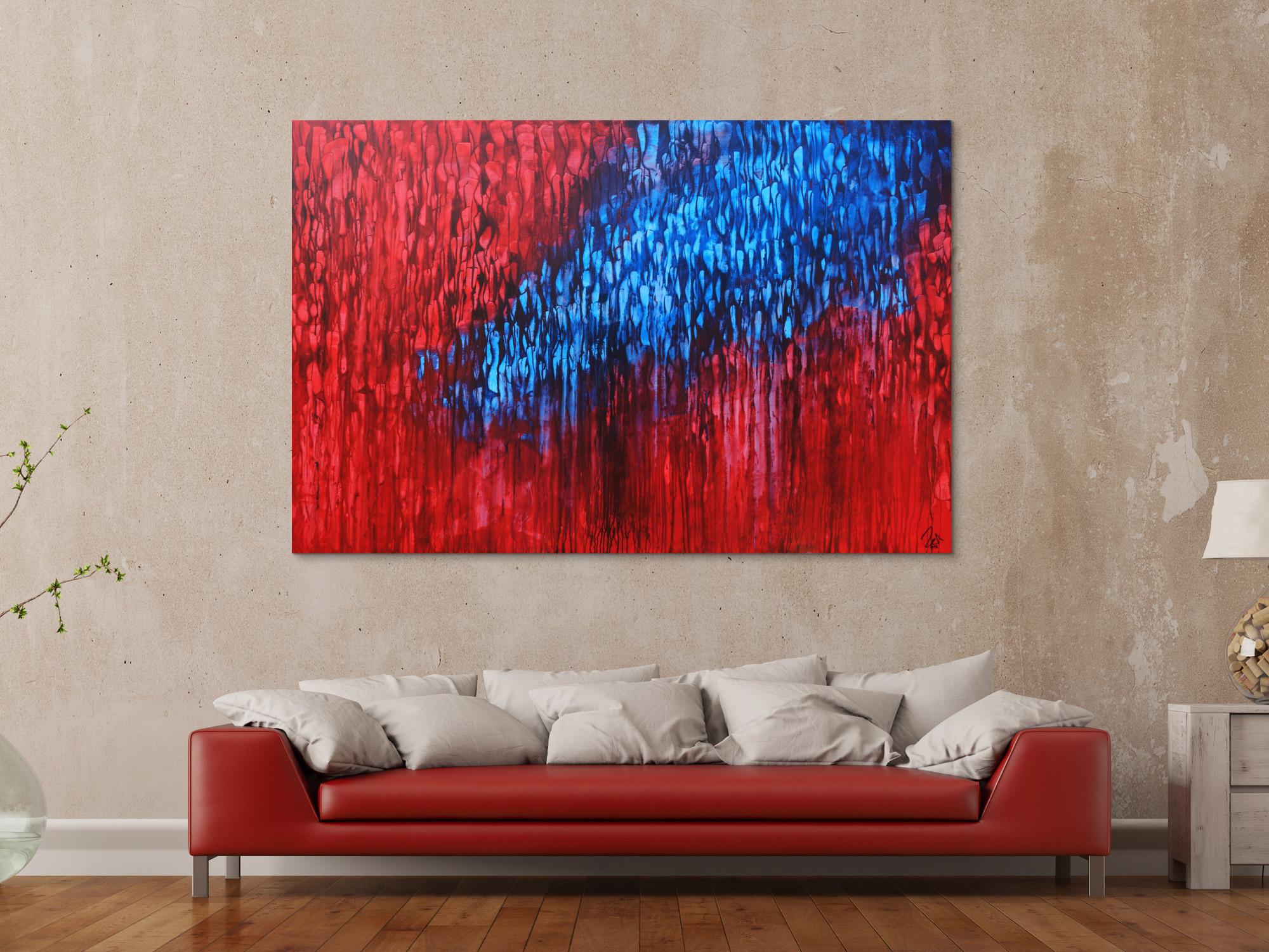 Acryl Bild abstrakt modern in rot blau zeitgenössisch handgemalt