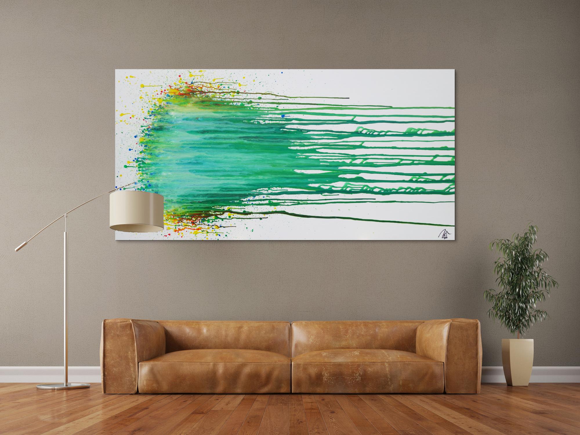 Abstraktes Acrylbild modern in Fließtechnik zeitgenössisch helle Farben