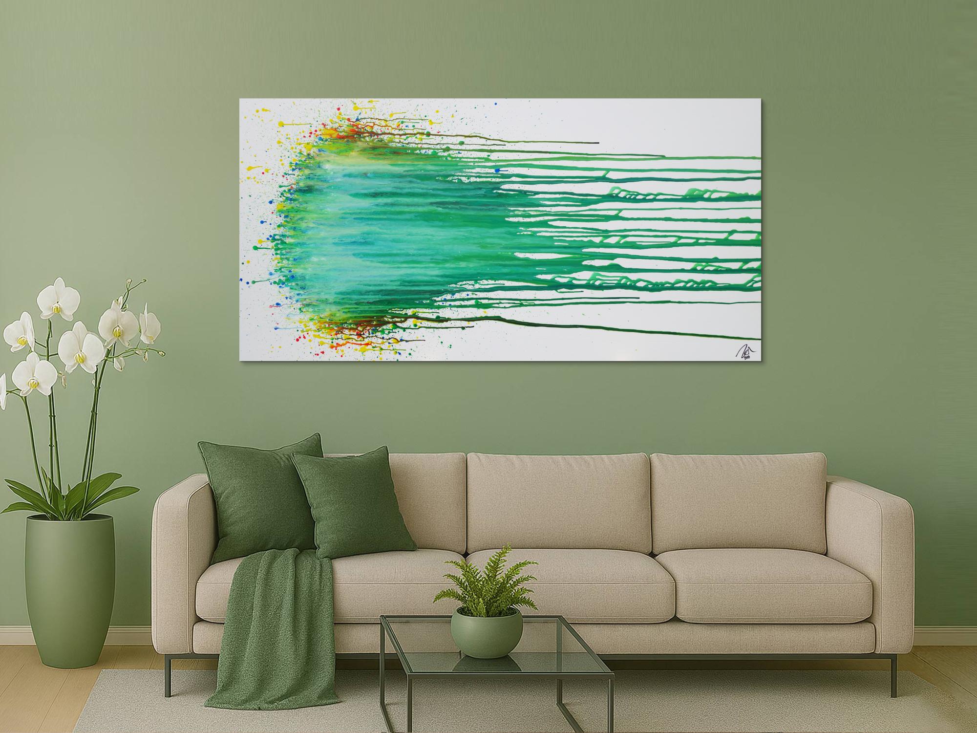 Abstraktes Acrylbild modern in Fließtechnik zeitgenössisch helle Farben