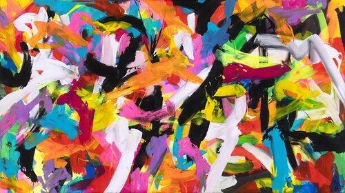 Abstraktes Original Gemälde 140x250cm Action Painting Moderne Kunst auf Leinwand Mischtechnik bunt pink schwarz hochwertig