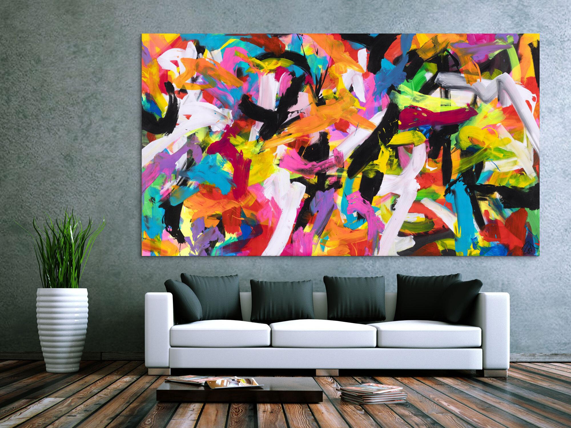 Abstraktes Original Gemälde 140x250cm Action Painting Moderne Kunst auf Leinwand Mischtechnik bunt pink schwarz hochwertig