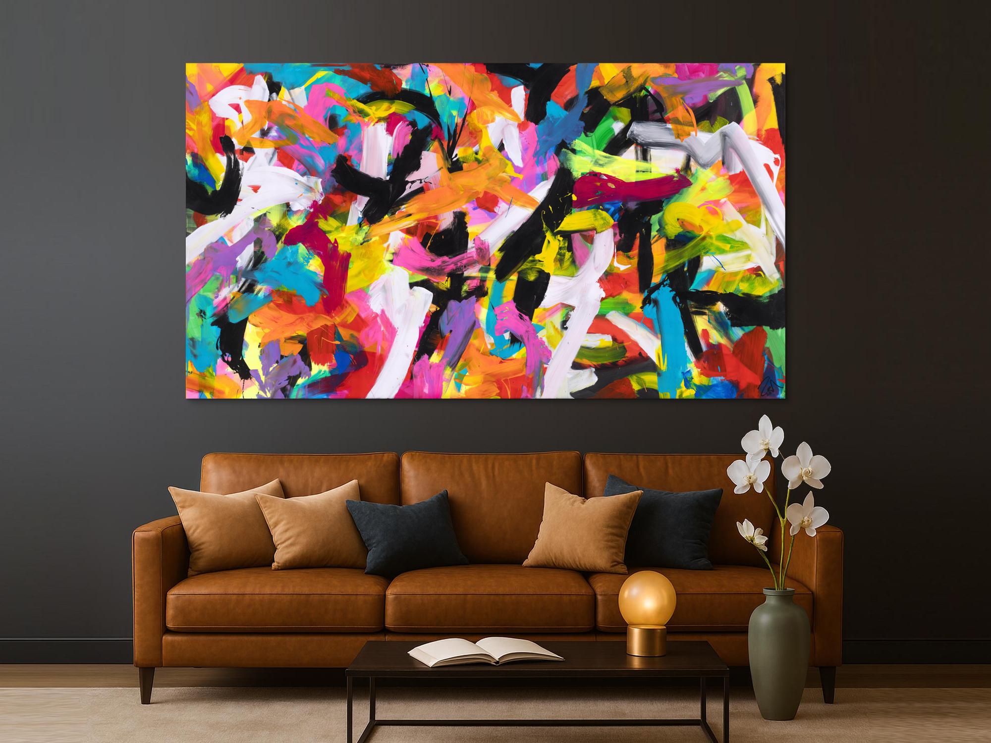 Abstraktes Original Gemälde 140x250cm Action Painting Moderne Kunst auf Leinwand Mischtechnik bunt pink schwarz hochwertig