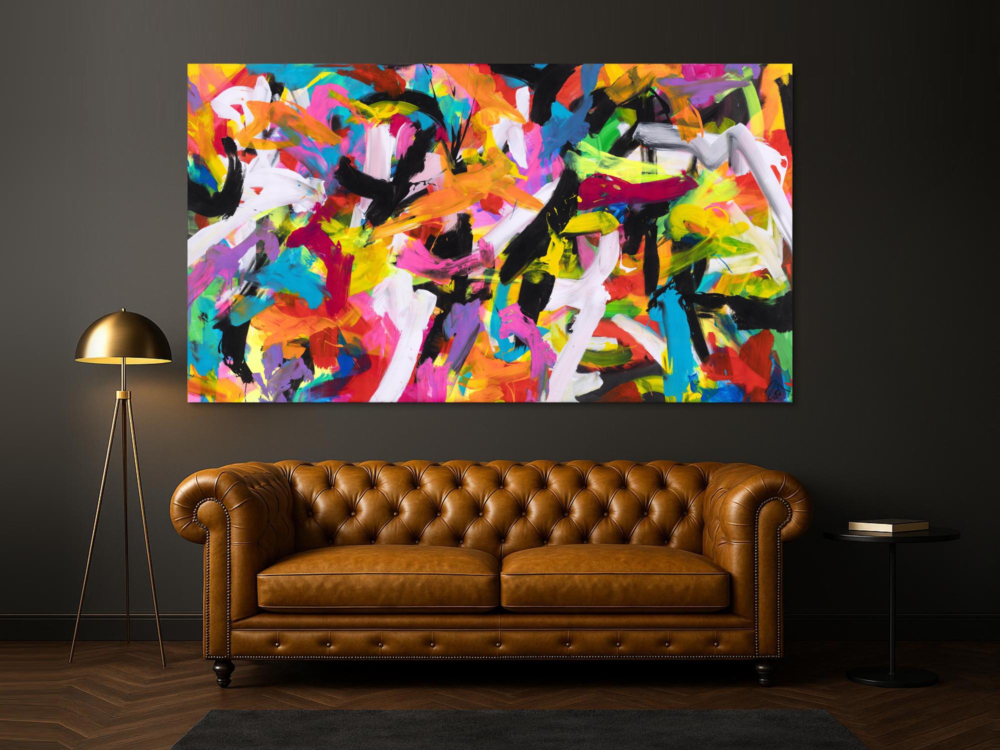 Abstraktes Original Gemälde 140x250cm Action Painting Moderne Kunst auf Leinwand Mischtechnik bunt pink schwarz hochwertig