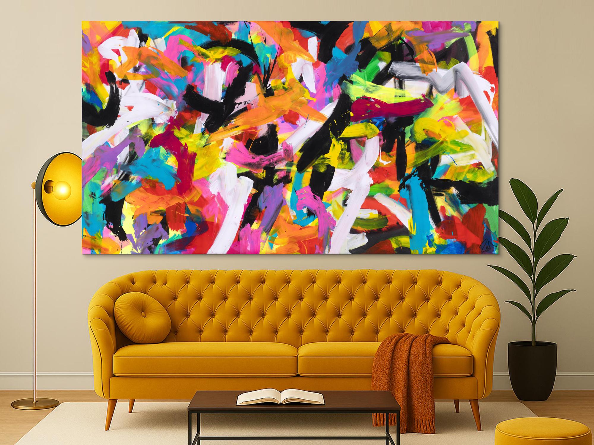 Abstraktes Original Gemälde 140x250cm Action Painting Moderne Kunst auf Leinwand Mischtechnik bunt pink schwarz hochwertig