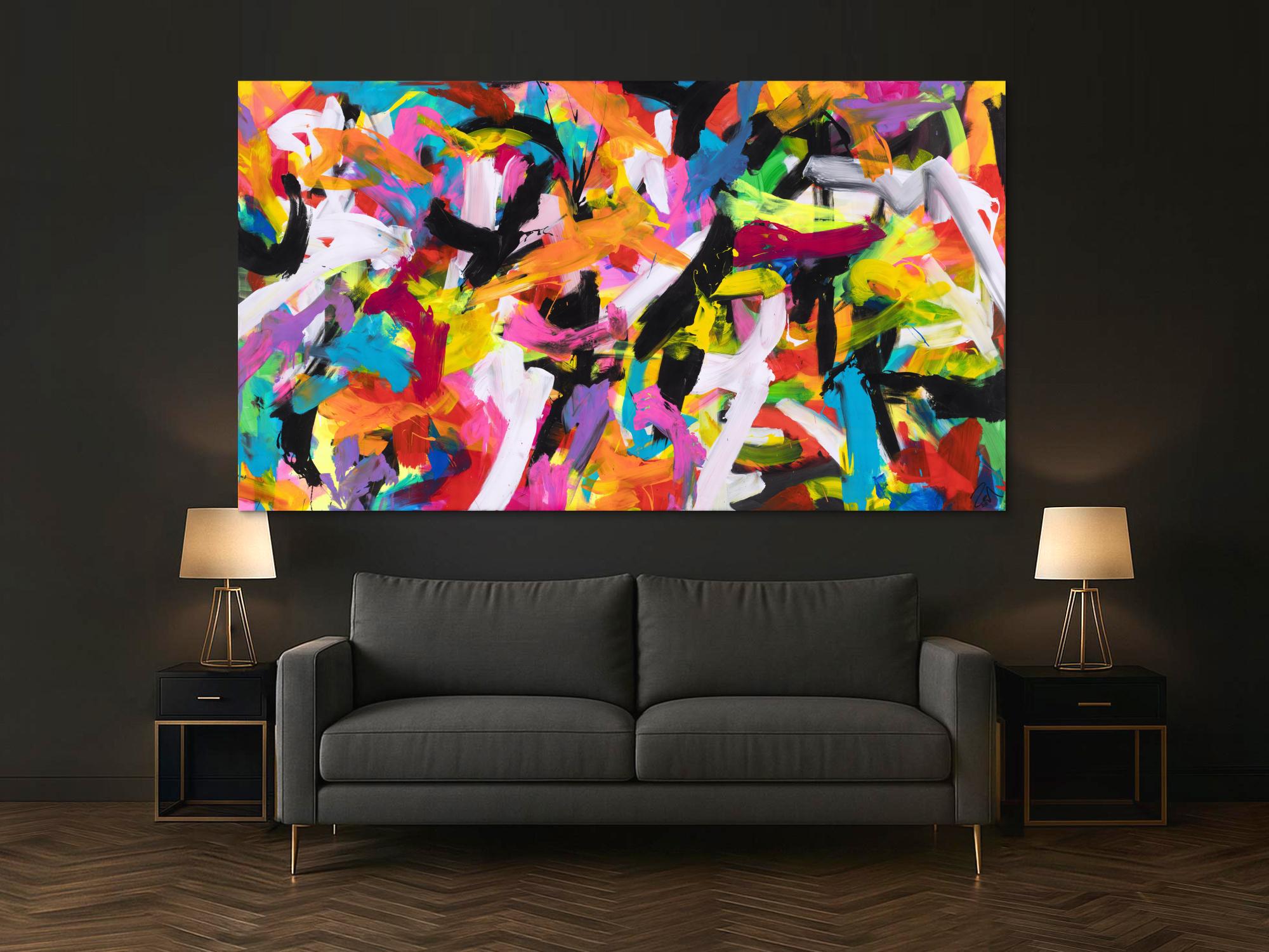 Abstraktes Original Gemälde 140x250cm Action Painting Moderne Kunst auf Leinwand Mischtechnik bunt pink schwarz hochwertig