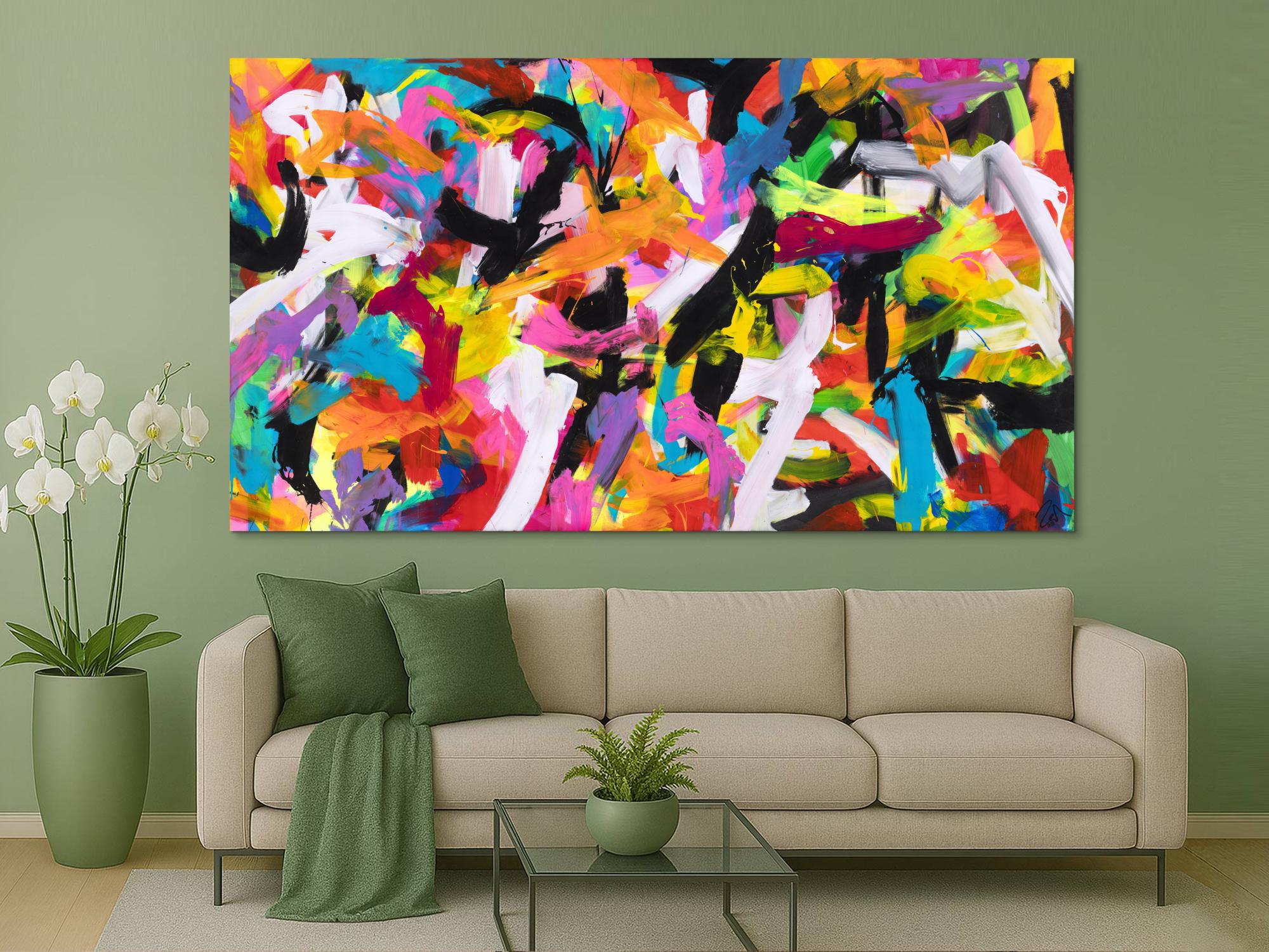 Abstraktes Original Gemälde 140x250cm Action Painting Moderne Kunst auf Leinwand Mischtechnik bunt pink schwarz hochwertig