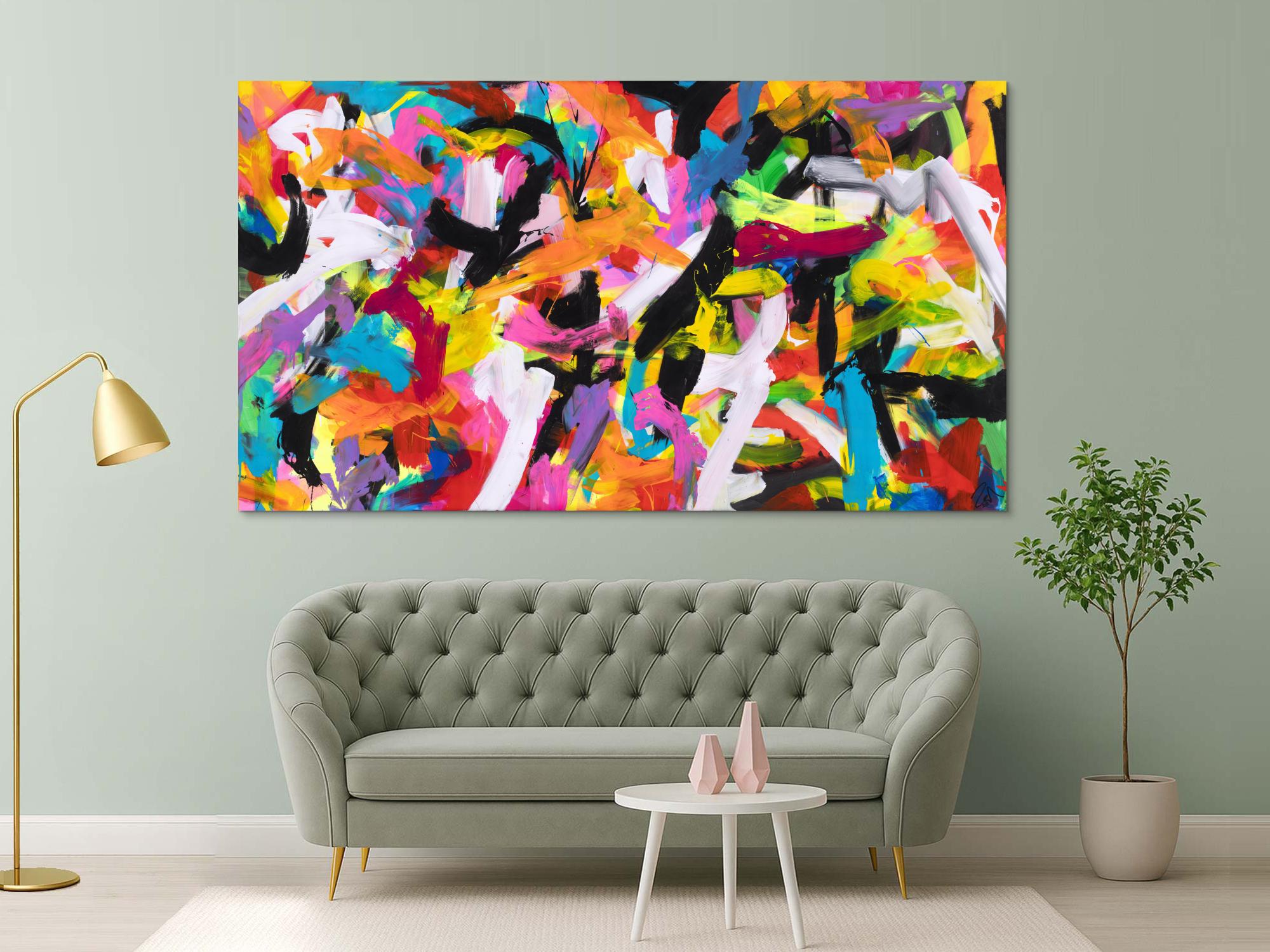 Abstraktes Original Gemälde 140x250cm Action Painting Moderne Kunst auf Leinwand Mischtechnik bunt pink schwarz hochwertig