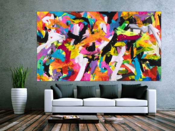 Abstraktes Original Gemälde 140x250cm Action Painting Moderne Kunst auf Leinwand Mischtechnik bunt pink schwarz hochwertig