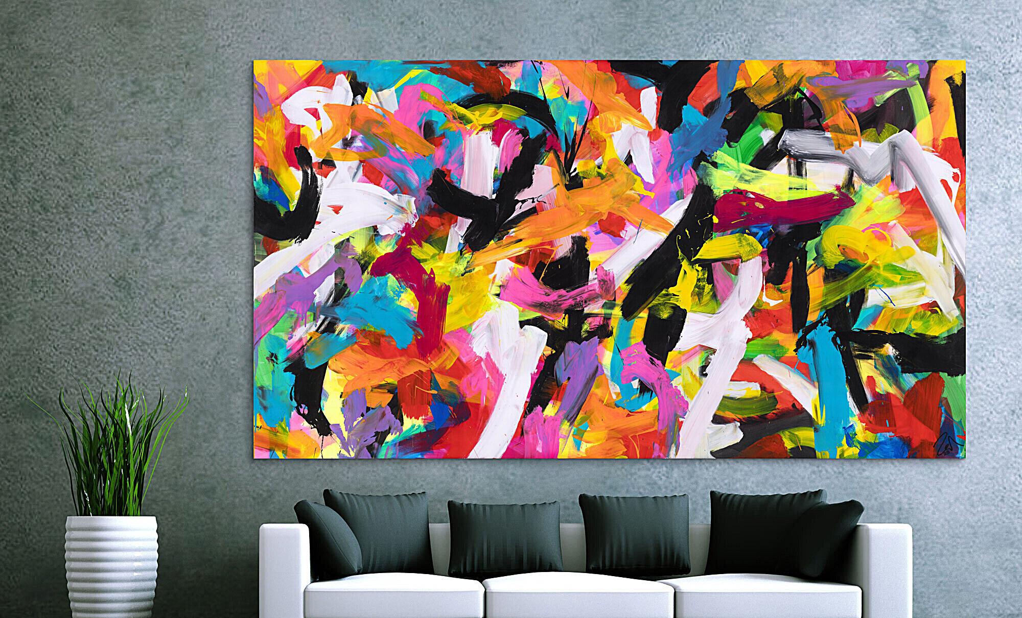 Abstraktes Original Gemälde 140x250cm Action Painting Moderne Kunst auf Leinwand Mischtechnik bunt pink schwarz hochwertig