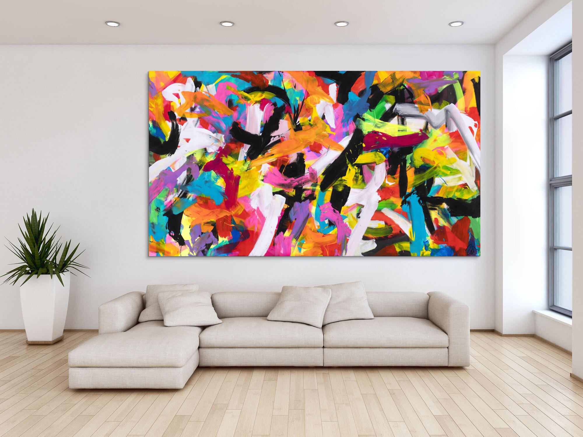 Abstraktes Original Gemälde 140x250cm Action Painting Moderne Kunst auf Leinwand Mischtechnik bunt pink schwarz hochwertig