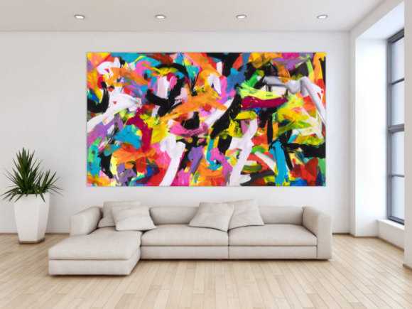 Abstraktes Original Gemälde 140x250cm Action Painting Moderne Kunst auf Leinwand Mischtechnik bunt pink schwarz hochwertig