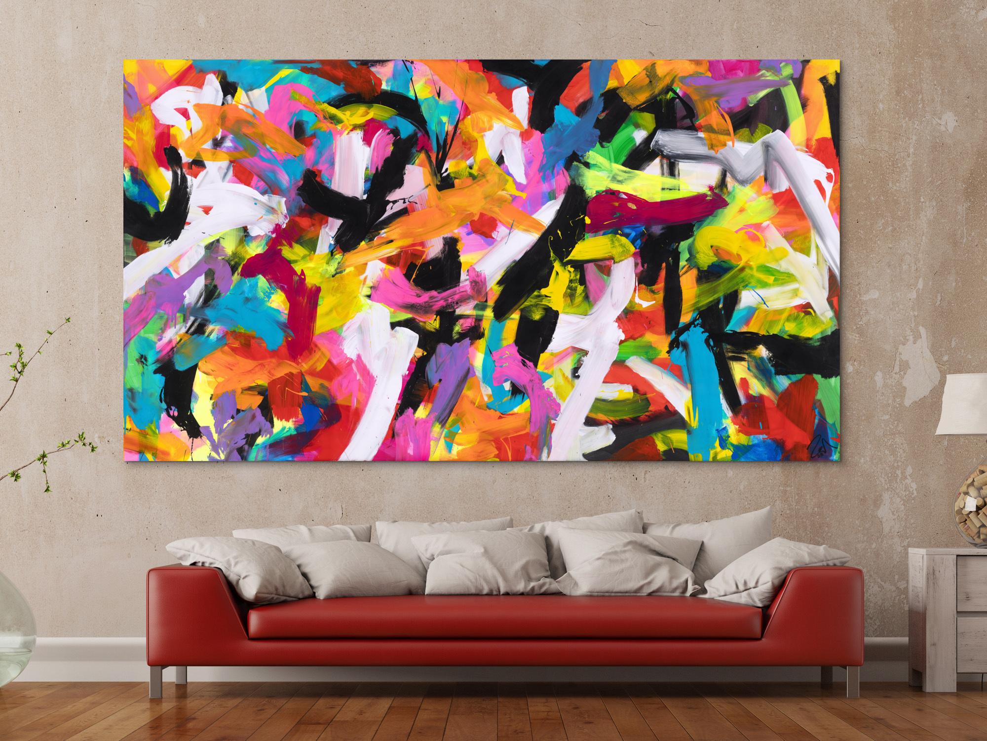 Abstraktes Original Gemälde 140x250cm Action Painting Moderne Kunst auf Leinwand Mischtechnik bunt pink schwarz hochwertig