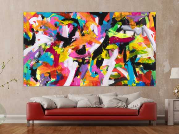 Abstraktes Original Gemälde 140x250cm Action Painting Moderne Kunst auf Leinwand Mischtechnik bunt pink schwarz hochwertig