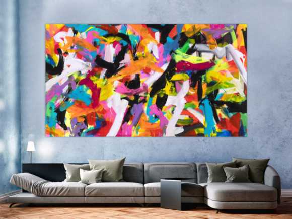 Abstraktes Original Gemälde 140x250cm Action Painting Moderne Kunst auf Leinwand Mischtechnik bunt pink schwarz hochwertig