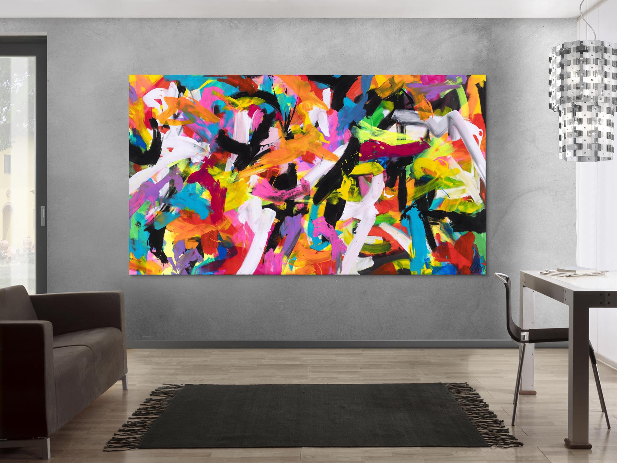 Abstraktes Original Gemälde 140x250cm Action Painting Moderne Kunst auf Leinwand Mischtechnik bunt pink schwarz hochwertig