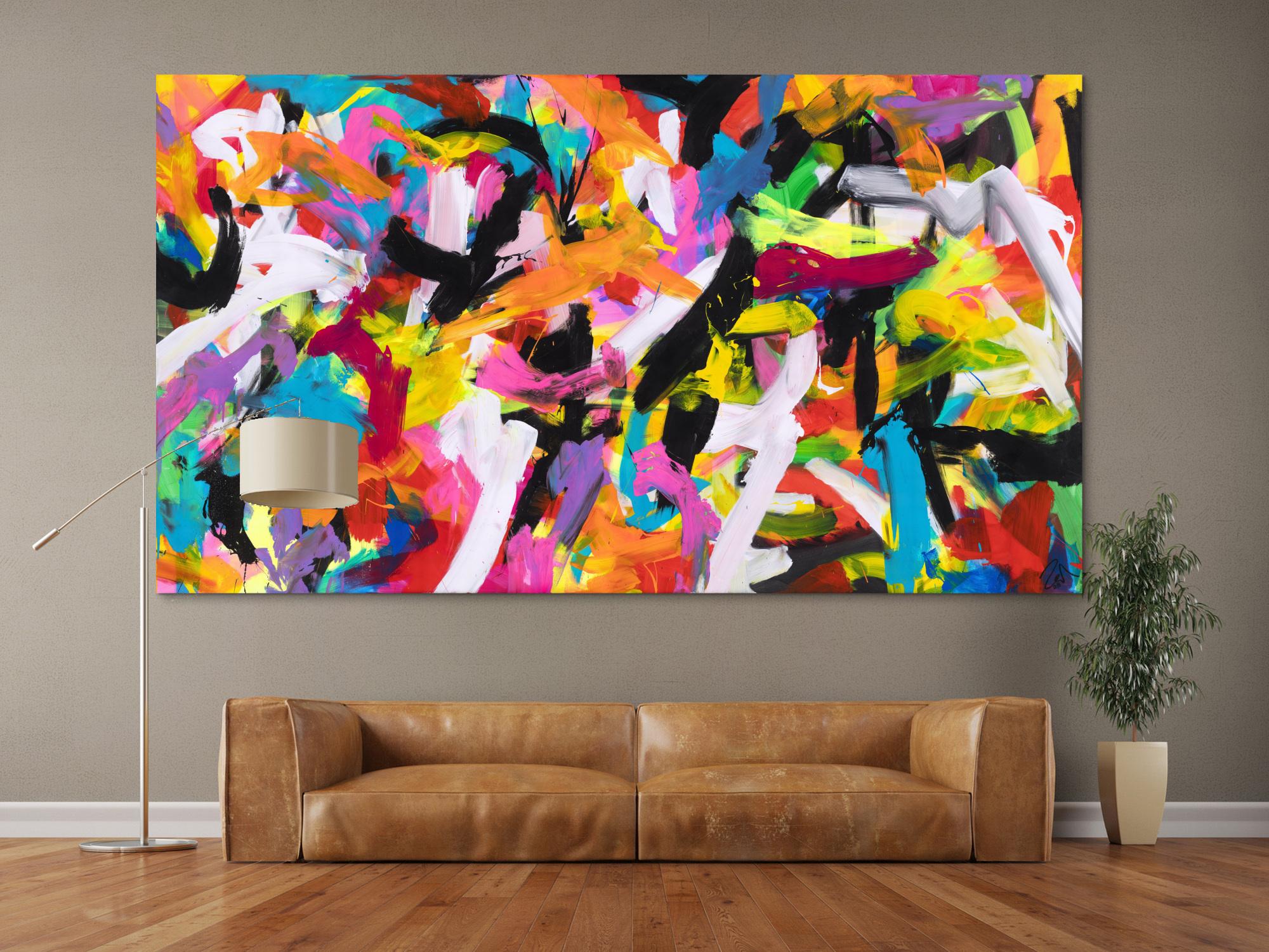Abstraktes Original Gemälde 140x250cm Action Painting Moderne Kunst auf Leinwand Mischtechnik bunt pink schwarz hochwertig