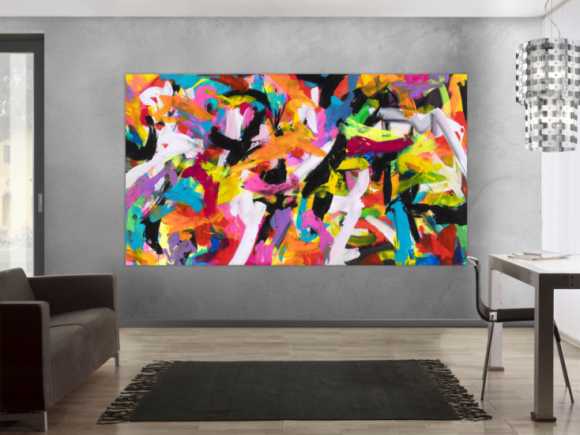 Abstraktes Original Gemälde 140x250cm Action Painting Moderne Kunst auf Leinwand Mischtechnik bunt pink schwarz hochwertig