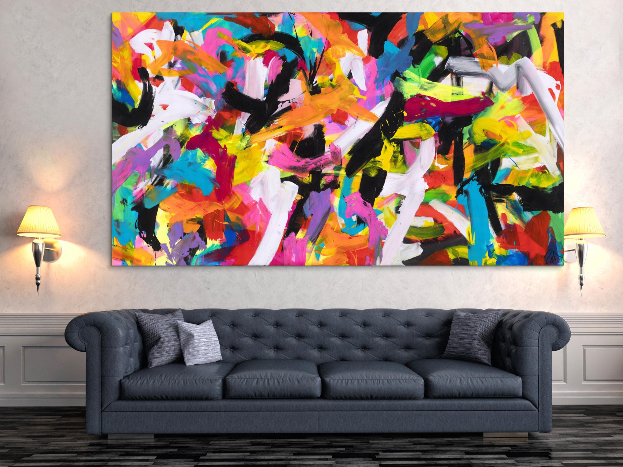 Abstraktes Original Gemälde 140x250cm Action Painting Moderne Kunst auf Leinwand Mischtechnik bunt pink schwarz hochwertig