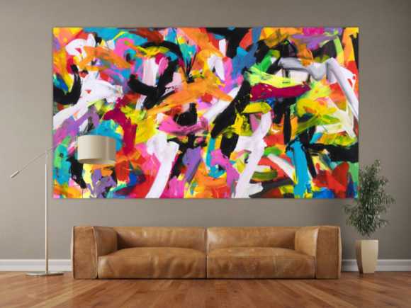 Abstraktes Original Gemälde 140x250cm Action Painting Moderne Kunst auf Leinwand Mischtechnik bunt pink schwarz hochwertig