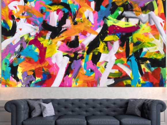 Abstraktes Original Gemälde 140x250cm Action Painting Moderne Kunst auf Leinwand Mischtechnik bunt pink schwarz hochwertig