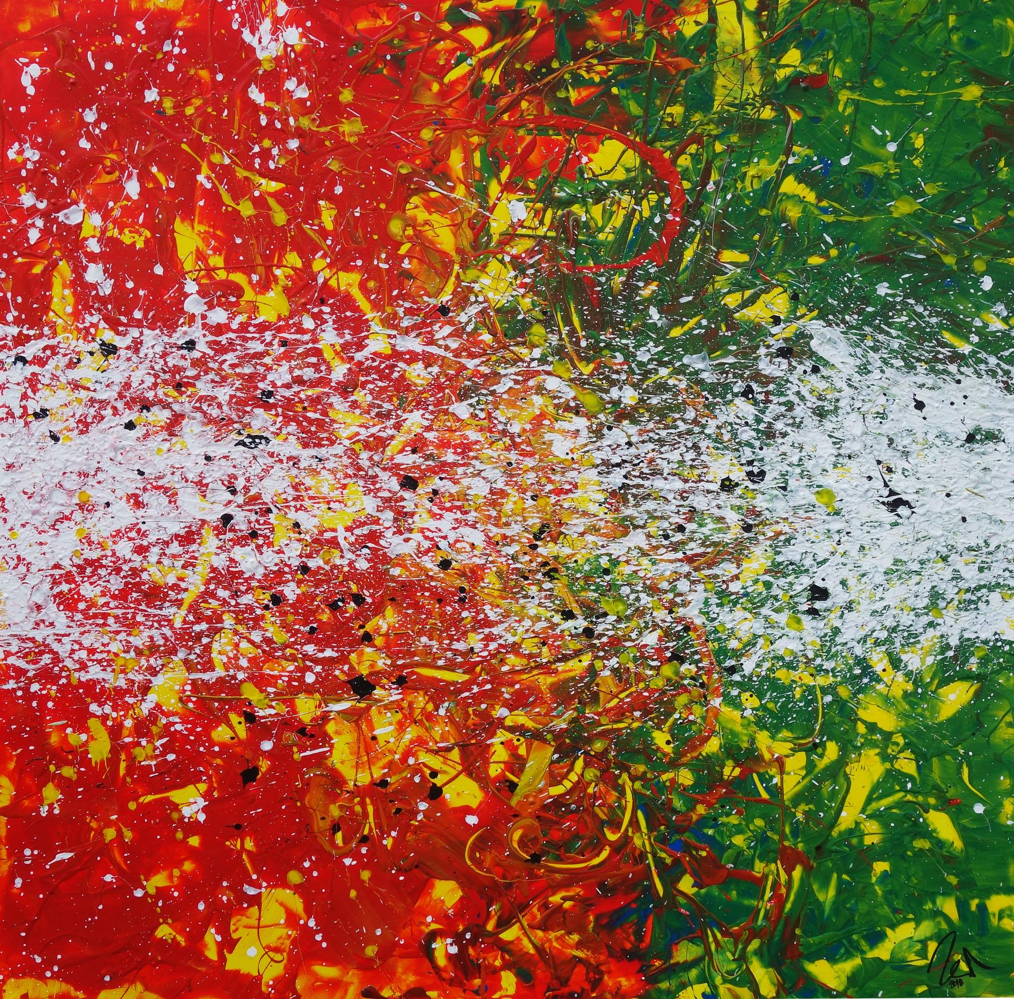 Abstraktes Acrylbild modernes Gemälde orange grün weiß quadratisch Action Painting