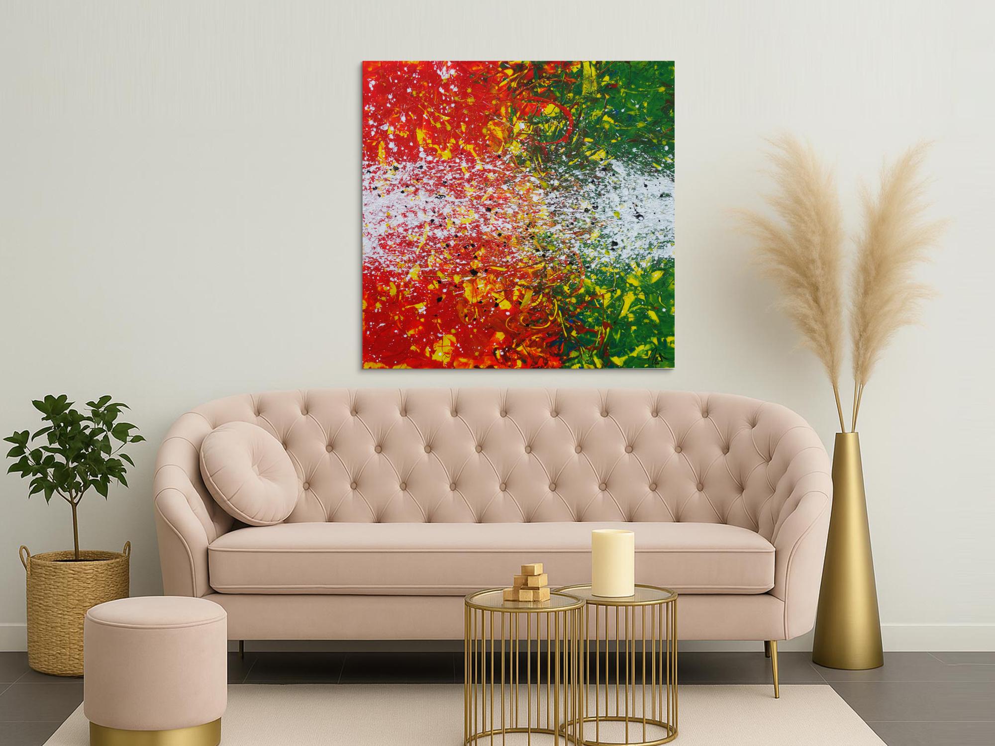 Abstraktes Acrylbild modernes Gemälde orange grün weiß quadratisch Action Painting