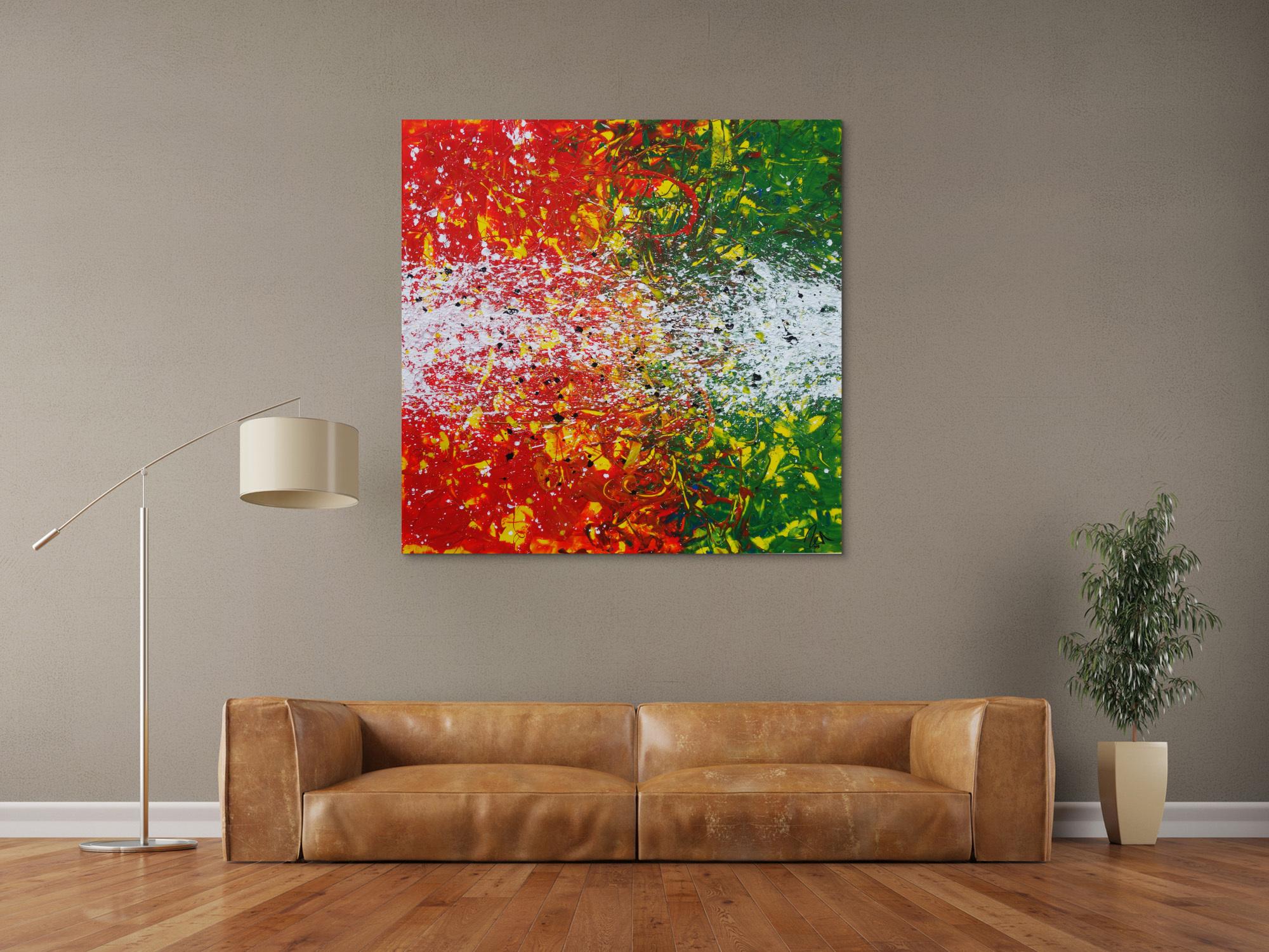 Abstraktes Acrylbild modernes Gemälde orange grün weiß quadratisch Action Painting