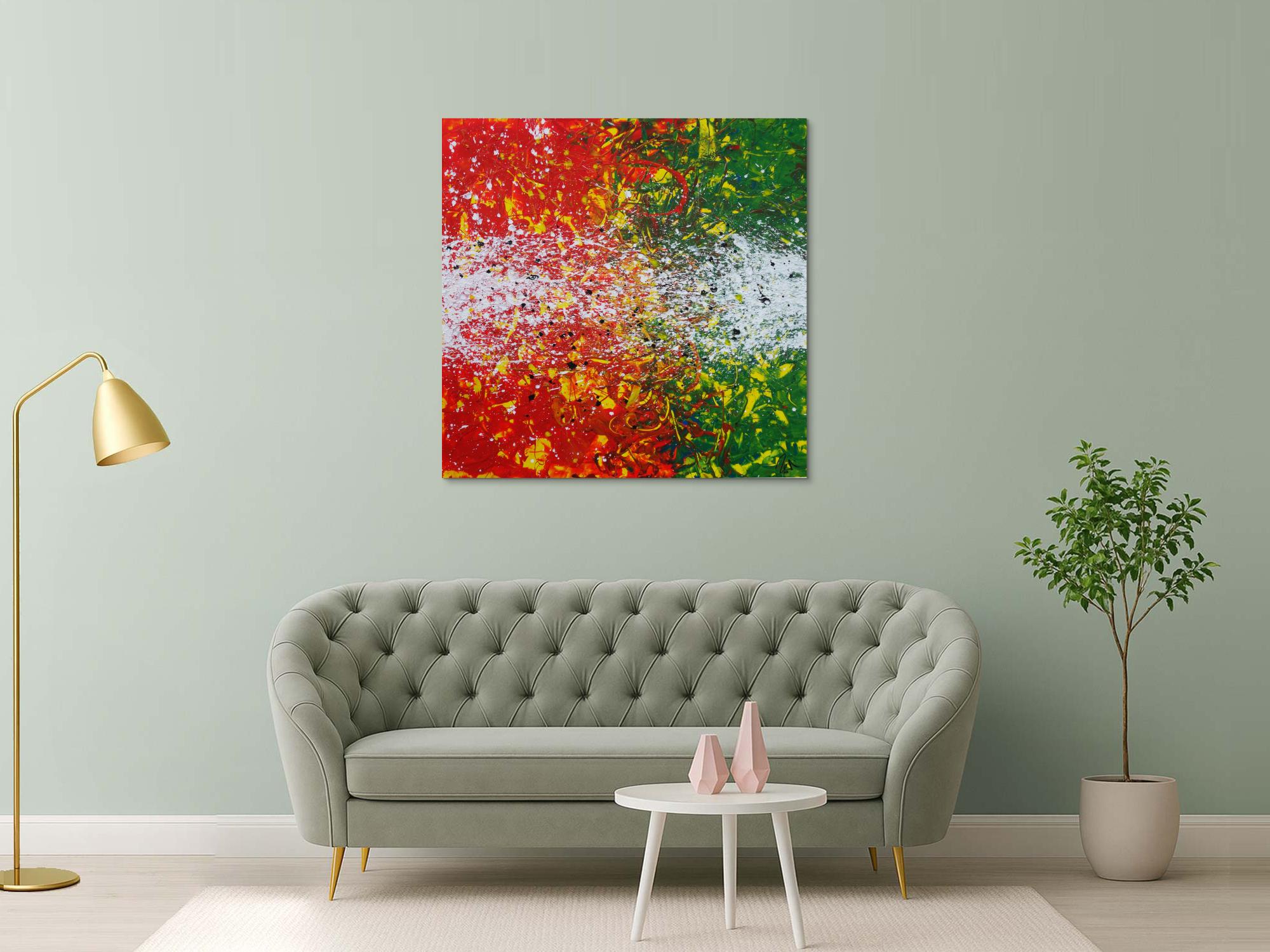 Abstraktes Acrylbild modernes Gemälde orange grün weiß quadratisch Action Painting