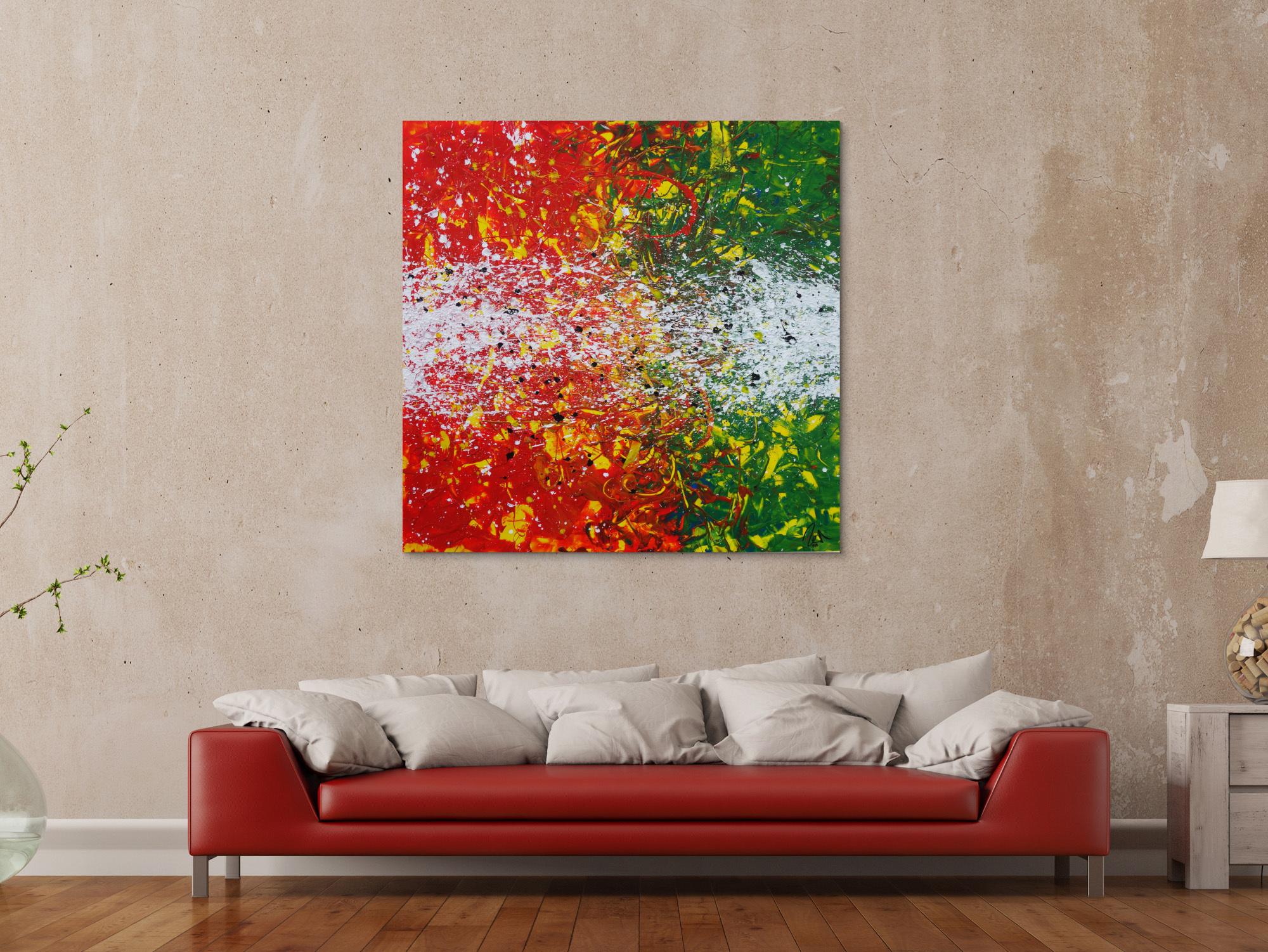 Abstraktes Acrylbild modernes Gemälde orange grün weiß quadratisch Action Painting