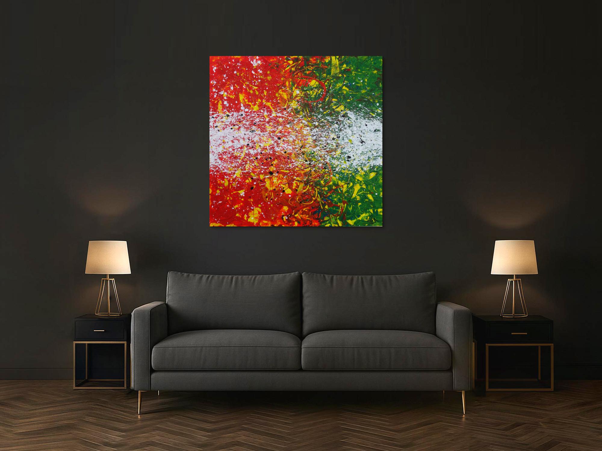 Abstraktes Acrylbild modernes Gemälde orange grün weiß quadratisch Action Painting
