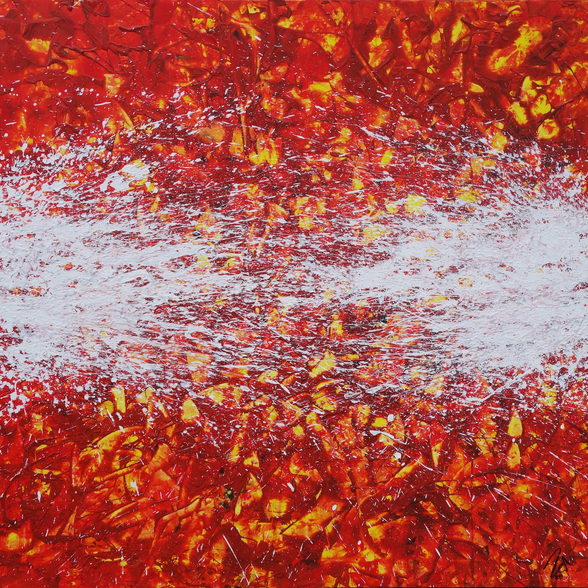 Abstraktes Acrylbild orange rot weiß gelb Action Painting quadratisch