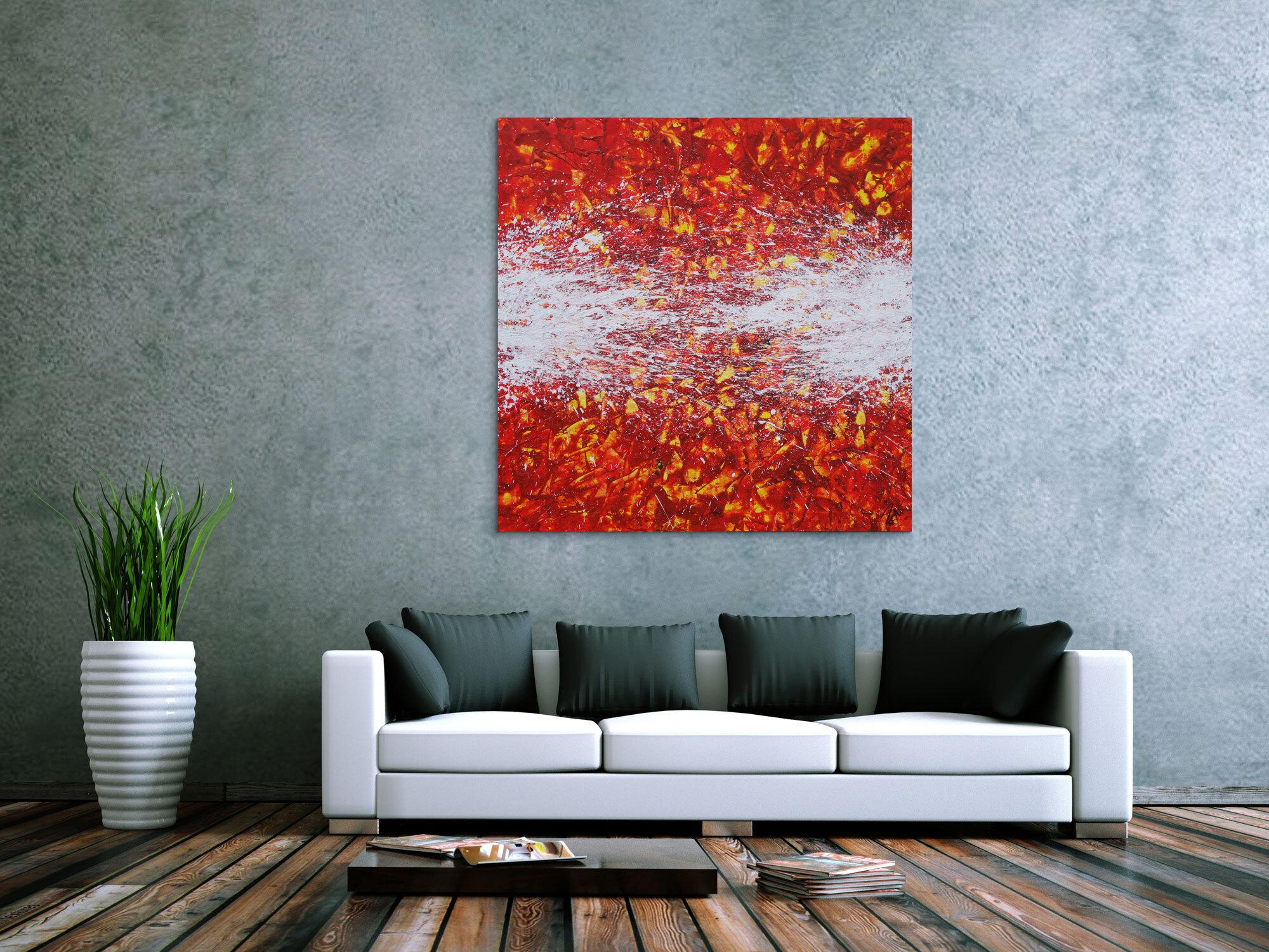 Abstraktes Acrylbild orange rot weiß gelb Action Painting quadratisch