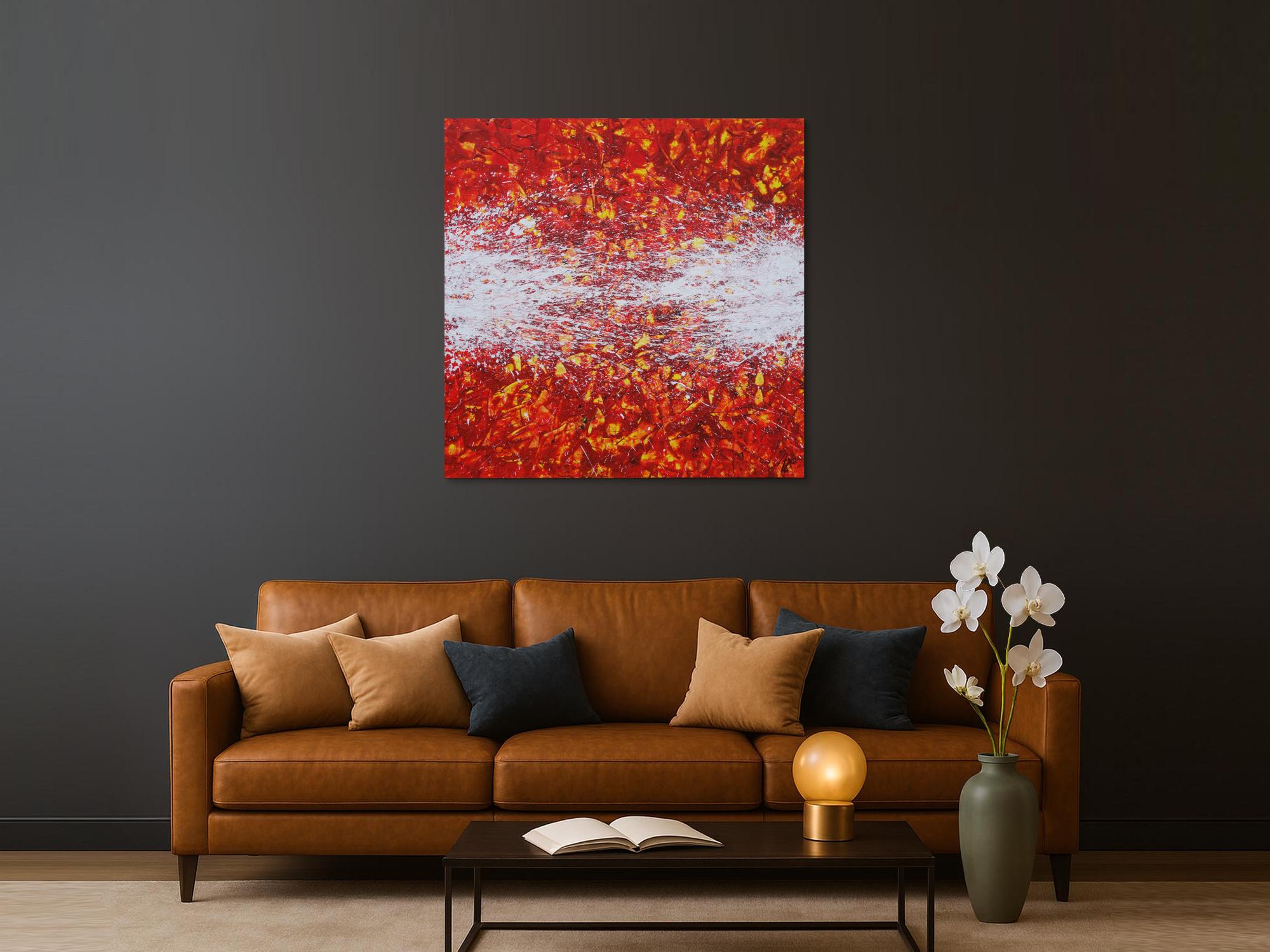 Abstraktes Acrylbild orange rot weiß gelb Action Painting quadratisch