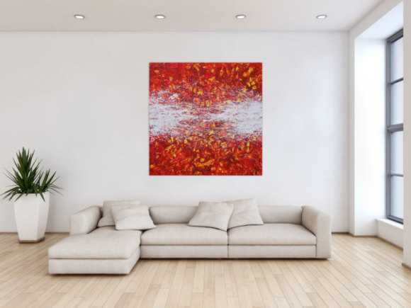 Abstraktes Acrylbild orange rot weiß gelb Action Painting quadratisch