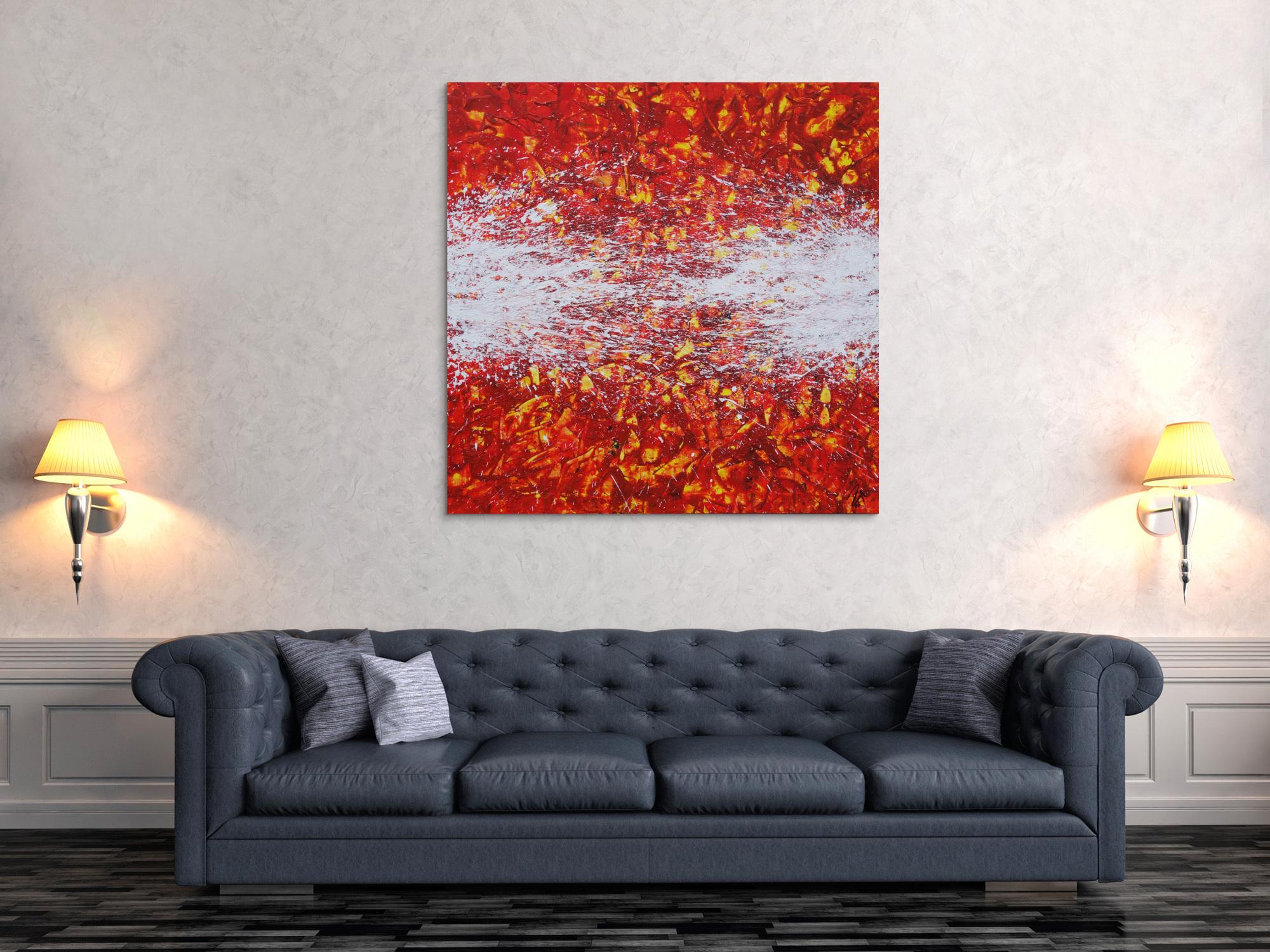 Abstraktes Acrylbild orange rot weiß gelb Action Painting quadratisch