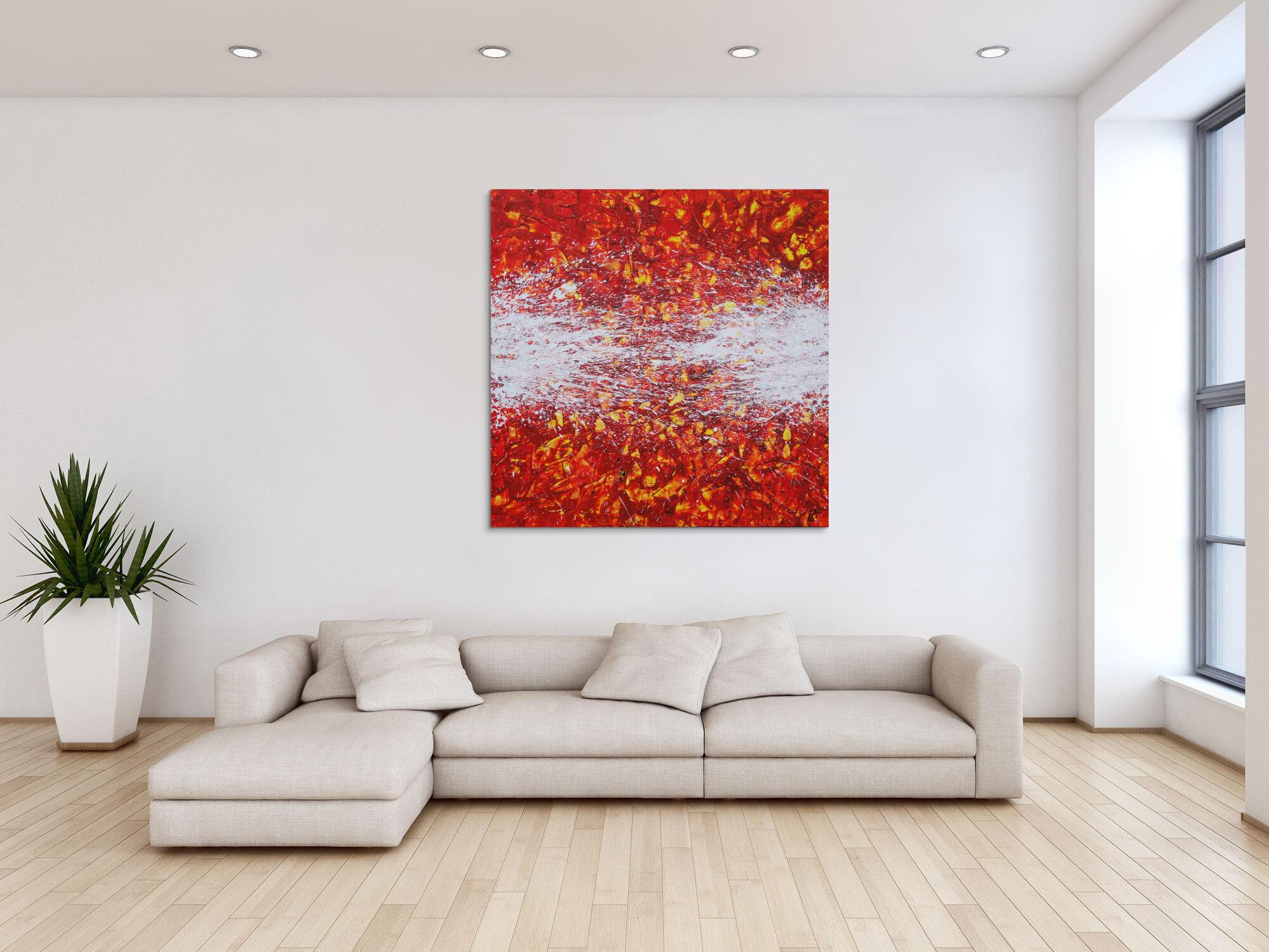 Abstraktes Acrylbild orange rot weiß gelb Action Painting quadratisch
