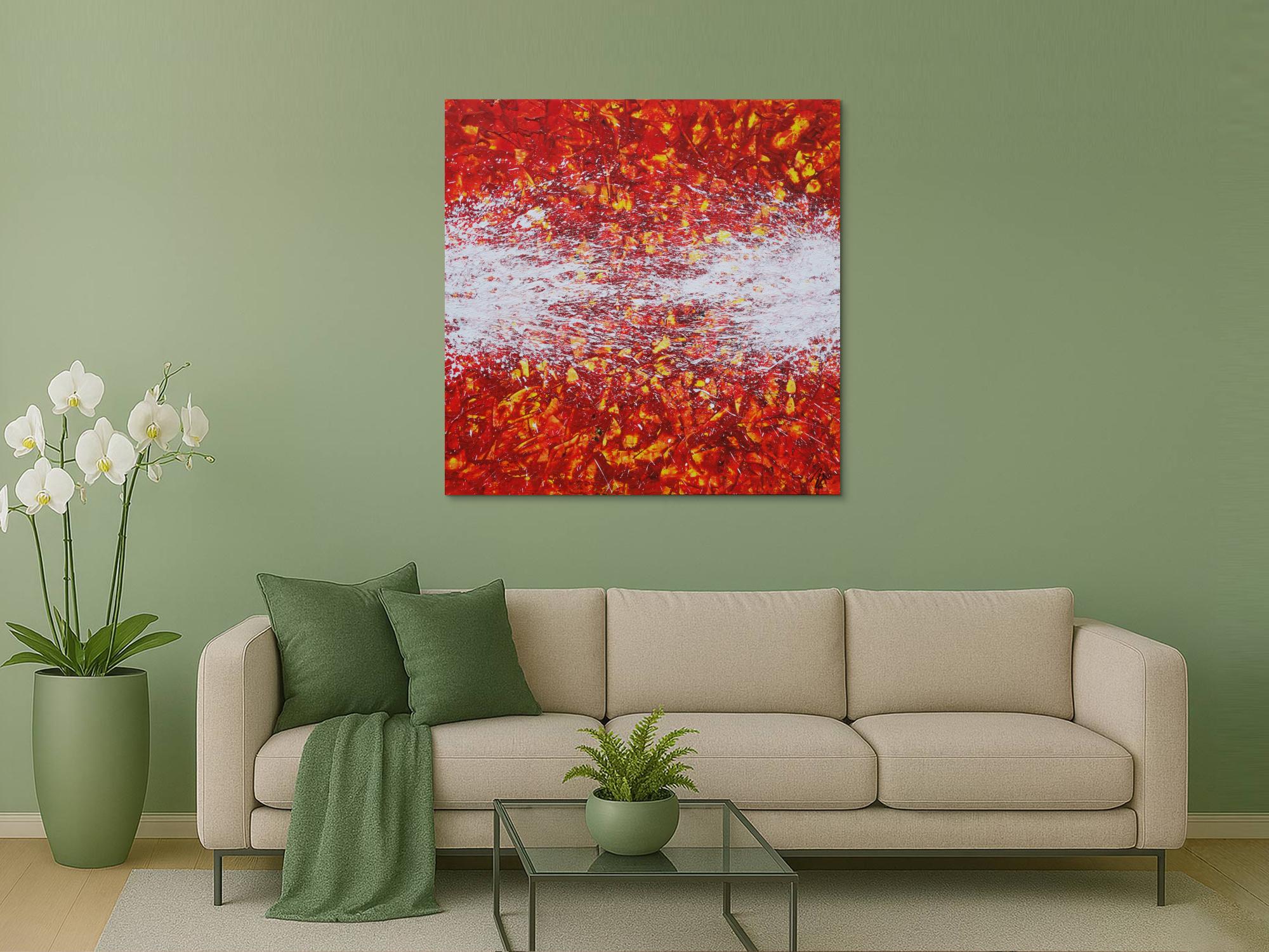Abstraktes Acrylbild orange rot weiß gelb Action Painting quadratisch
