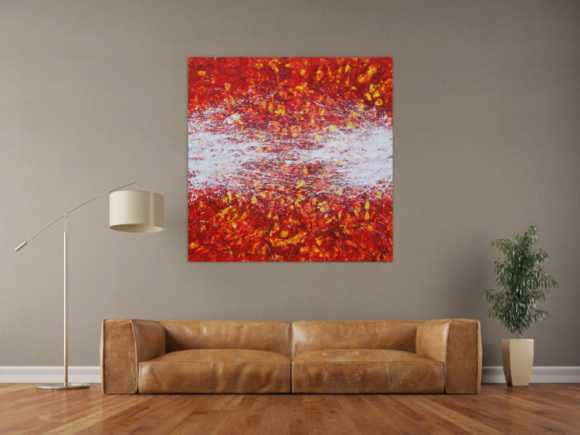 Abstraktes Acrylbild orange rot weiß gelb Action Painting quadratisch