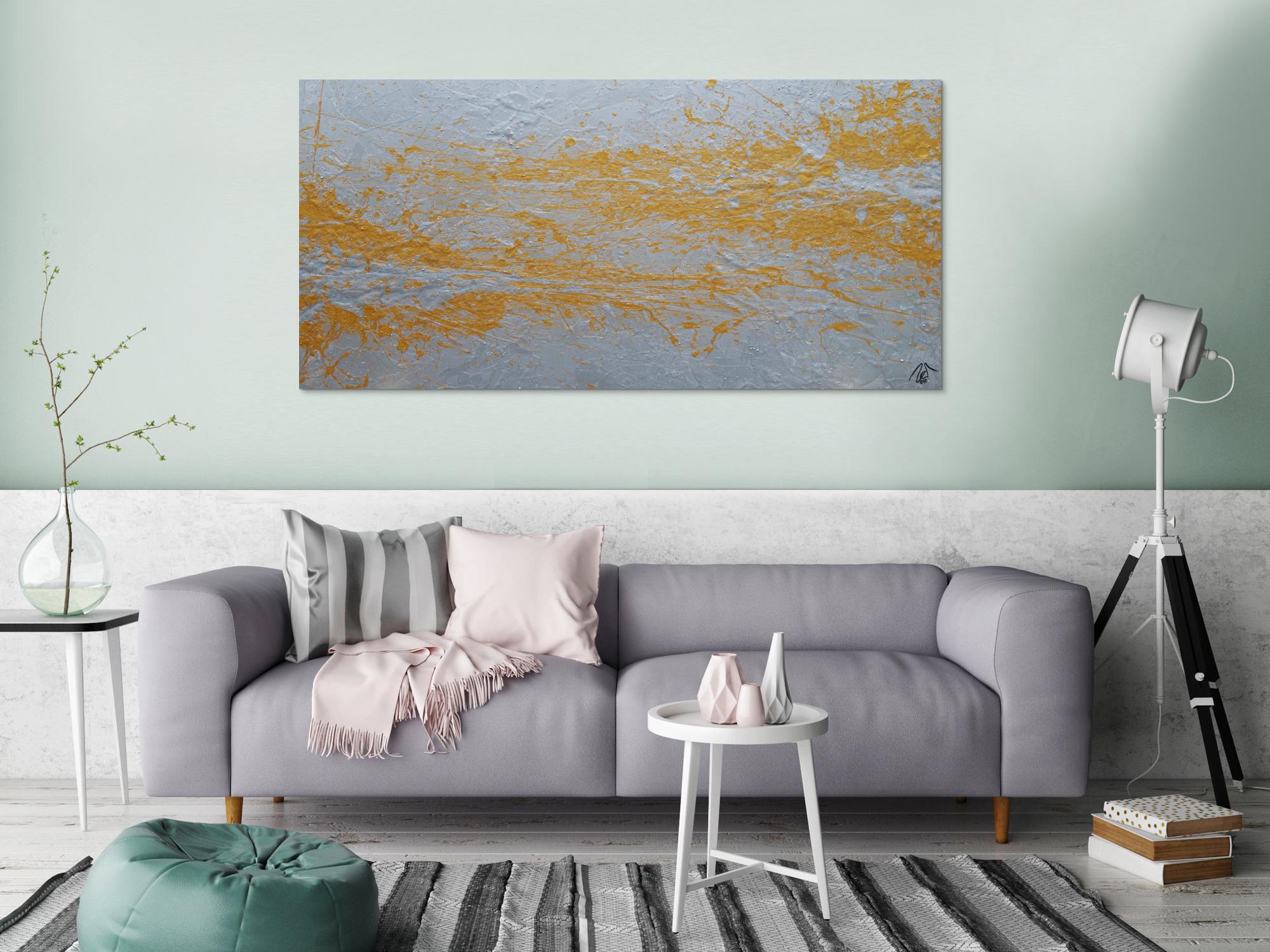 Abstraktes Acrylbild gold und silber Action Painting expressionistisch modern