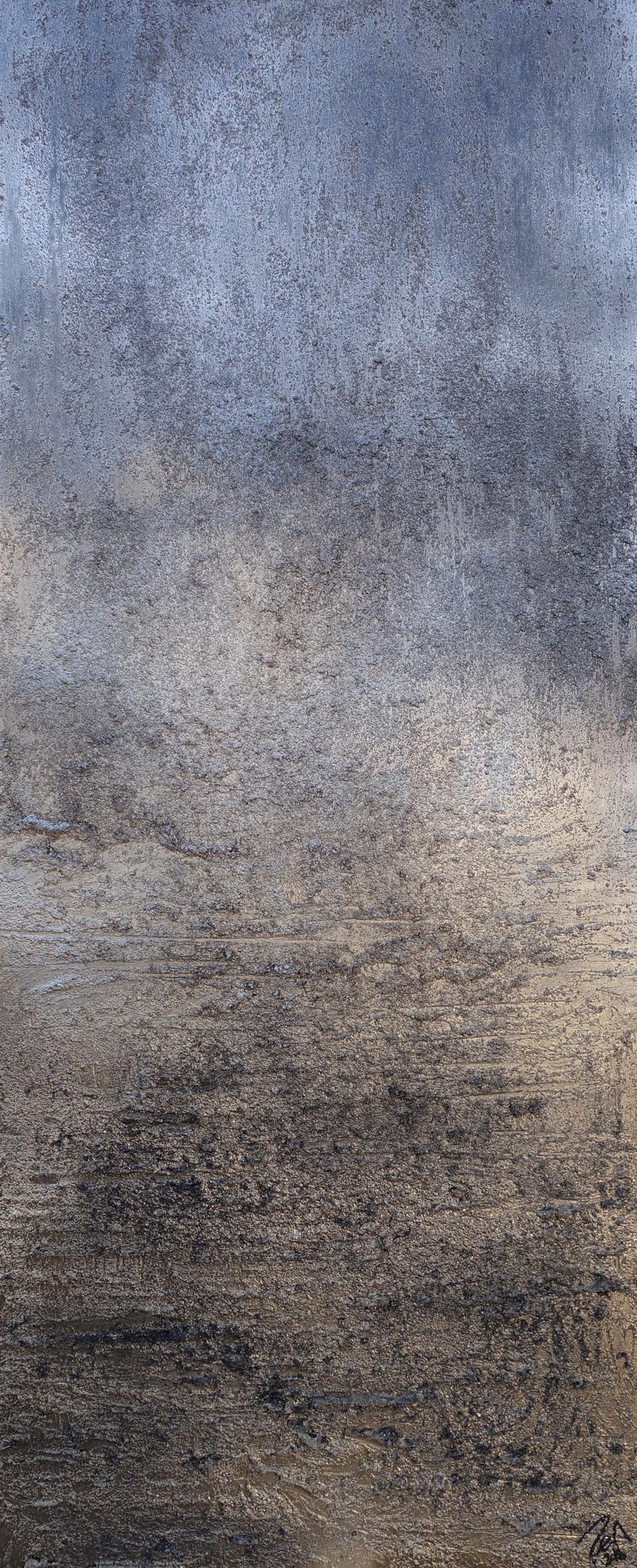 Abstraktes Acrylbild gold und silber mit grober Struktur Mischtechnik expressionistisch schlicht hochformat