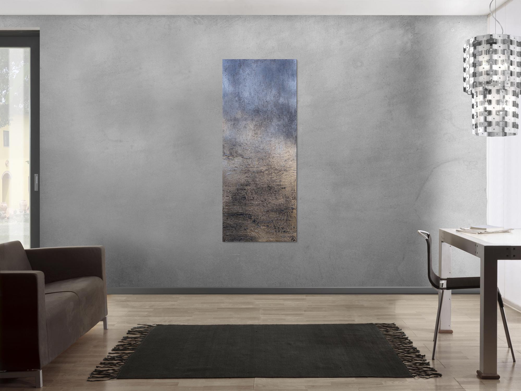 Abstraktes Acrylbild gold und silber mit grober Struktur Mischtechnik expressionistisch schlicht hochformat