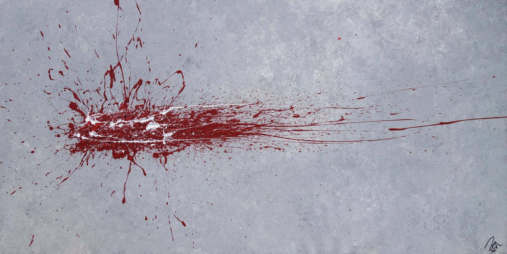 Abstraktes Acrylbild Action Painting Splash Art rot und weiß auf grau expressionistisch modern