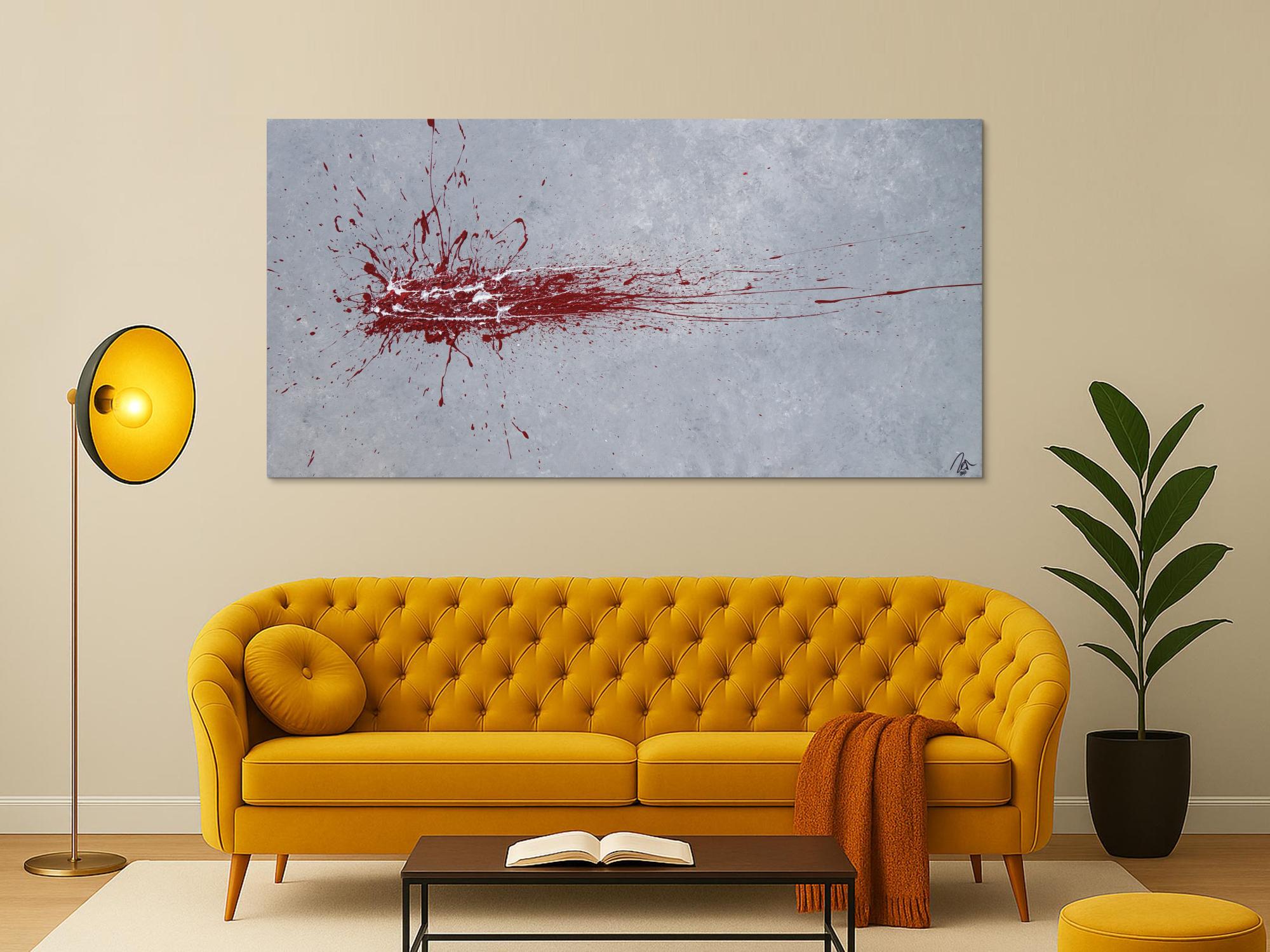 Abstraktes Acrylbild Action Painting Splash Art rot und weiß auf grau expressionistisch modern