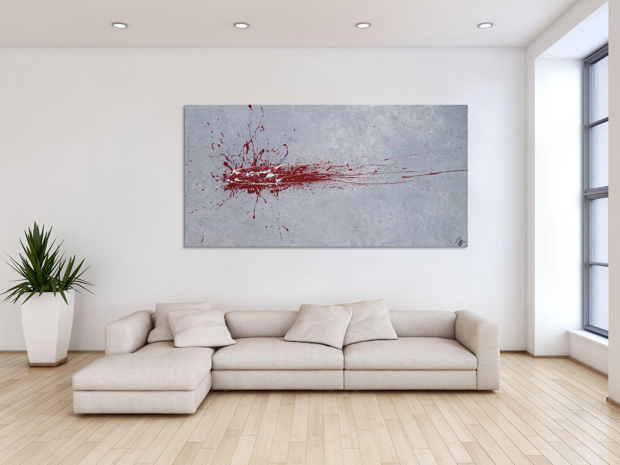 Abstraktes Acrylbild Action Painting Splash Art rot und weiß auf grau expressionistisch modern