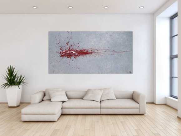 Abstraktes Acrylbild Action Painting Splash Art rot und weiß auf grau expressionistisch modern